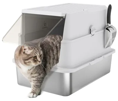 Productafbeelding van Kattenbak, roestvrij staal, extra grote binnenmaat, met schepje, lichtgrijs