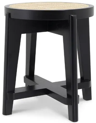Produktbild von Casa Padrino Luxus Hocker Schwarz / Naturfarben Ø 44,5 x H. 47 cm - Runder Massivholz Sitzhocker mit Rattangeflecht - Wohnzimmer Möbel