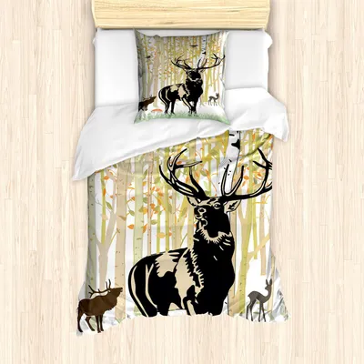 Produktbild von ABAKUHAUS Geweih Bettbezug Set, Rehe Im Herbst Wald Bunte Blätter Bäume Gras Wildernis Herbst Landschaft Druck, 135 x 200 cm + 80 x 80 cm, Orange Grün