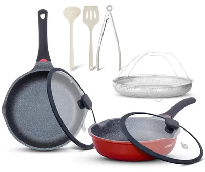Antihaft-Pfannenset 28+30 cm, Keramik, extra tief, mit Deckeln, rot