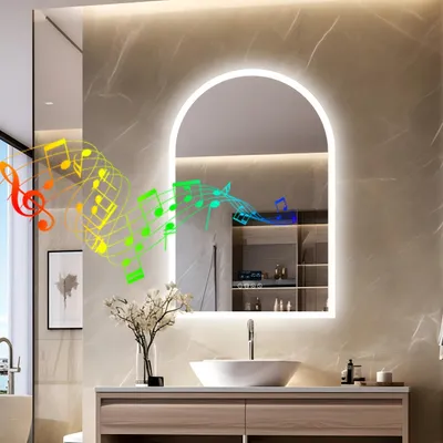 Obrázek produktu pro WISFOR LED zrcadlo do koupelny s Bluetooth, 60x90 cm, koupelnové zrcadlo s osvětlením, proti zamlžování, 3 barvy světla, funkce proti zamlžování, oblý tvar, stupeň krytí IP66