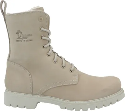 A single beige winter boot is shown against a white background.