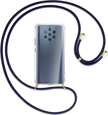 Produktbild von Handykette Backcover-Schutzhülle mit Band (Metall goldfarben) für Nokia 9 PureView - dunkelblau