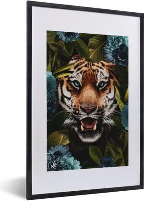 Produktbild von MuchoWow® MuchoWow® Gerahmtes Poster Tiger - Blätter - Blau 40x60 cm - Poster mit zchwarzem Bilderrahmen - Poster in Rahmen