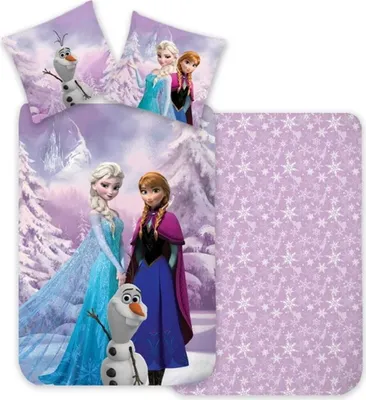 A bedding set featuring characters from Disney's Frozen, including Elsa, Anna, and Olaf, in a snowy landscape.