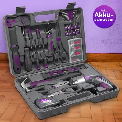 Produktbild von BRAST Werkzeugkoffer Gefüllt 44-teiliges Komplettes Werkzeugset   4V Li-Ion Akkuschrauber Set Lady für Frauen & Mädchen in Rosa   inkl. Hammer Schere Schaber Spachtel Maßband Zangen uvm