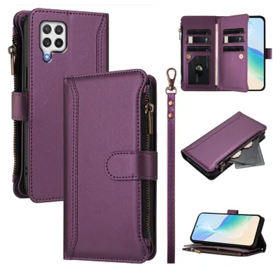 A collage of images showing a purple wallet-style phone case from different angles, including its interior card slots and zipper pocket.