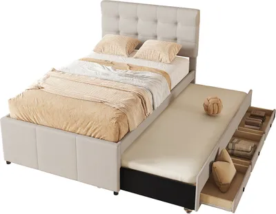 Produktbild von Polsterbett mit Drei Schubladen Ausziehbares Rollbett Doppelbett Gästebett Familienbett Ausziehbares Rollbett 90x200cm(90x190cm) Beige