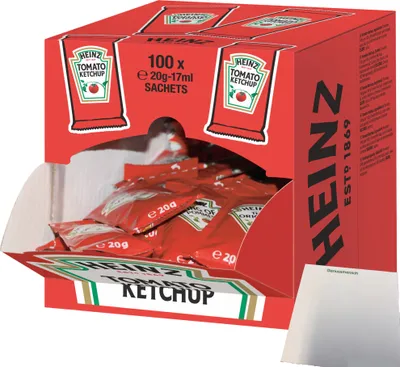Produktbild von Heinz Tomato Ketchup in Portionsbeuteln (100x17ml Karton) + usy Block