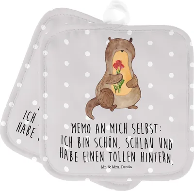 Produktbild von Mr. & Mrs. Panda Topflappen Otter Blumenstrauß - Grau Pastell - Geschenk, Achtsamkeit, Topfuntersetzer, Kochlappen, 2er Set, Seeotter, Selbstliebe, Positiv, topfhalter