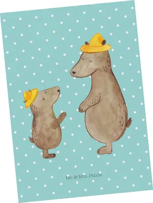 Produktbild von Mr. & Mrs. Panda Postkarte Bären mit Hut - Türkis Pastell - Geschenk, Family, Kinder, Bär, Muttertag, Vatertag, Ansichtskarten, Postkarten, Ansichtskarte, bildkarte