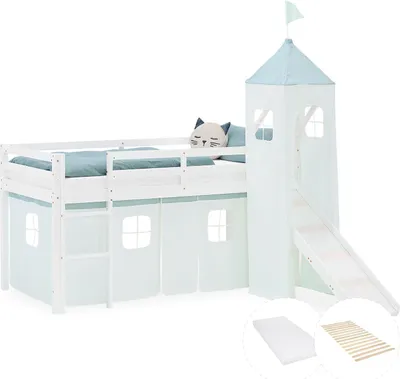 Image de Lit superposé 90x200 cm avec Toboggan Matelas Lit mezzanine en Bois Pin Massif Lit d'enfant Rideau Tour Vert