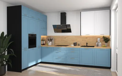 Produktbild von L-Form Küchenzeile BARI Einbauküche 202x247cm Farbe & Ausführung wählbar HETTICH InnoTech Atira (Vollauszug) pastelblau - signalweiß matt schwarz