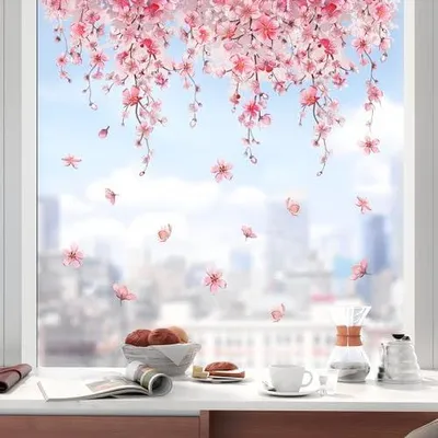 Produktbild von Tanlaby Blume Fensterbilder Sommer Frühling Fensteraufkleber Rosa Kirschblüte Hängende Blumen Fenstersticker Selbsthaftend Anti-Kollision Home Fenster Glastüren Fensterdeko