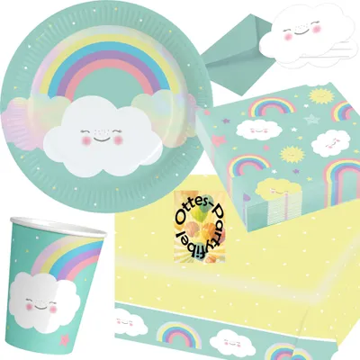 Produktbild von Rainbow-Regenbogen-Party-Set 69tlg. für 16 Gäste Teller Becher Servietten Tischdecke Einladungen