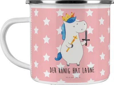 Produktbild von Mr. & Mrs. Panda Emaille Becher Einhorn König mit Schwert - Rot Pastell - Geschenk, Teetasse, Mittelalter, Ritter, Kaffeepott, Einhörner, Pott, Unicorn, Tasse, Teebecher