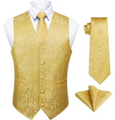Productafbeelding van Herenset: Vest, das, zakdoek, paisley, bloemenprint, jacquard, geel, maat 4XL