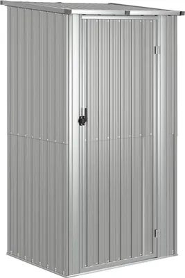 A standalone metal shed against a white background.