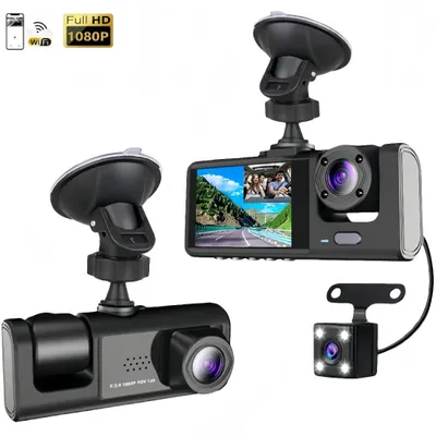 A collage of dashcams and their accessories against a white background.