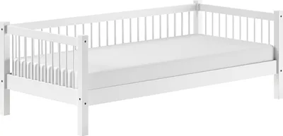 Produktbild von Einzelbett >Buche Massiv< Rollrost, 90x200cm, Buche massiv weiß lackiert - 207,5x68x97,5 (BxHxT)