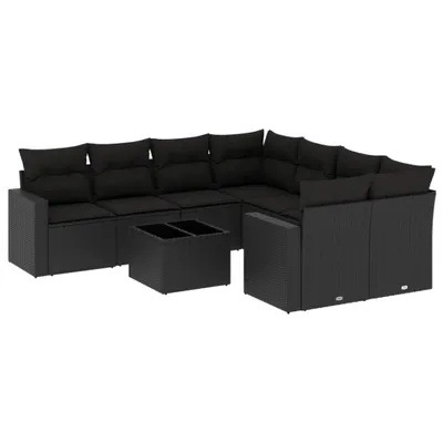 Produktbild von Modulares Garten-Loungeset, 9-teilige Sofagarnitur mit Kissen, UV-beständiges Poly Rattan, Schwarz, Hartglas-Tischplatte, abnehmbare Bezüge