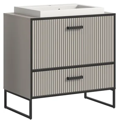 Produktbild von Bagno Waschbeckenunterschrank inkl. Waschbecken 1 Schublade 1 Klapptür hellgrau, cremefarben.