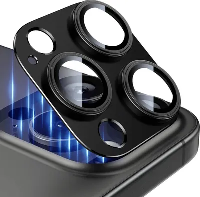 A close-up view of a camera lens protector for a smartphone, showcasing its design and material.