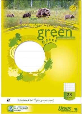 Produktbild von Staufen Green Schulblock, DIN A4, Lineatur 28, 50 Blatt, 70g/qm, 5 mm, kariert, mit Rand links, 4-fach Lochung