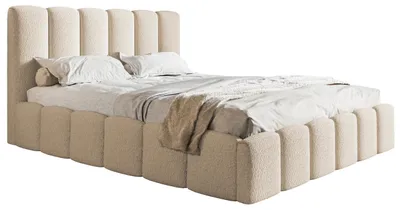 Image de Lit double 200x200 Palermo - Lit rembourré avec coffre de rangement et sommier à lattes métallique, mousse - Bouclé Beige