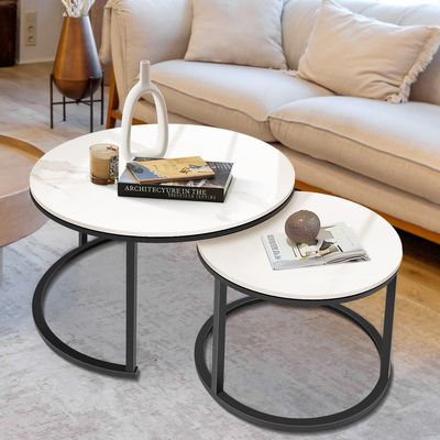 Mulisoft Couchtisch Rund 2er Set Marmor Satztisch, Couchtischset Weiß Wohnzimmertisch mit schwarz Metallrahmen fürs Wohnzimmer, Beistelltisch für Schlafzimmer Balkon