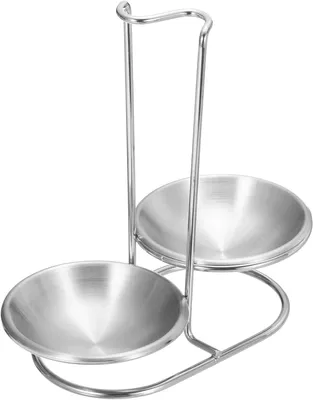 Produktbild von Stehende Löffelablage aus Edelstahl, 21.5 x 11 x 21.5 cm, mit zwei runden Edelstahlschüsseln, tragbare Löffelhalterung für die Küchentheke, Silber