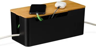 Productafbeelding van Famanu Kabeldoos, kabelorganizer met deksel - Opbergdoos van duurzaam bamboe en ABS - Zwart