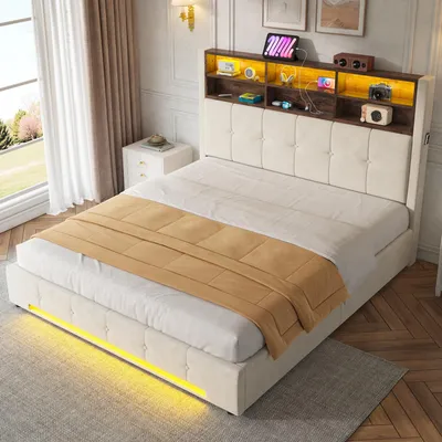 Obrázek produktu pro MODFU dvoulůžko 160×200 s čelem postele s 6 přihrádkami, čalouněné postele s LED osvětlením a USB-C portem, hydraulické boxspringové lůžko s úložným prostorem, včetně matrace, barva: béžová