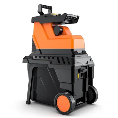 A garden shredder with an orange top and black base, shown from a three-quarter side view on a white background.