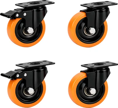 Image de Roulettes Relaxdays, lot de 4, 50 mm, 400 kg, avec frein, plaque en acier, plastique, roulettes pour charges lourdes, noir/orange