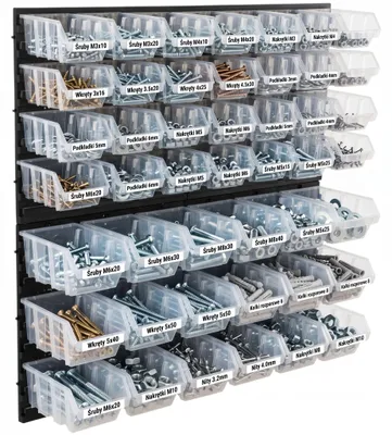 Obrázek produktu pro Nástěnná police do dílny se 46 průhlednými úložnými boxy, systém pro ukládání šroubů, matic a drobných dílů, plast, 78 x 78 cm, nosnost boxů až 40 kg, do garáže, skladu a dílny