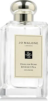 A clear, front-facing studio shot of a Jo Malone English Pear & Sweet Pea cologne bottle.