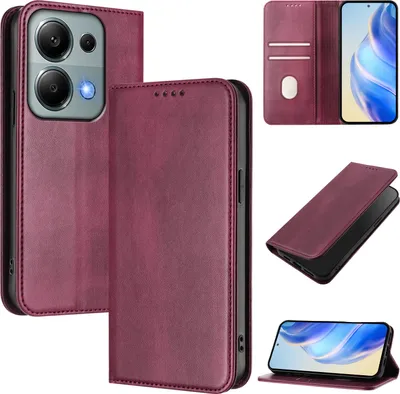 Produktbild von Handyhülle für Xiaomi Poco M6 Pro 4G/Redmi Note 13 Pro 4G, Vintage Leder RFID Schutz Kartenfach Standfunktion Magnetische Klapphülle Rot