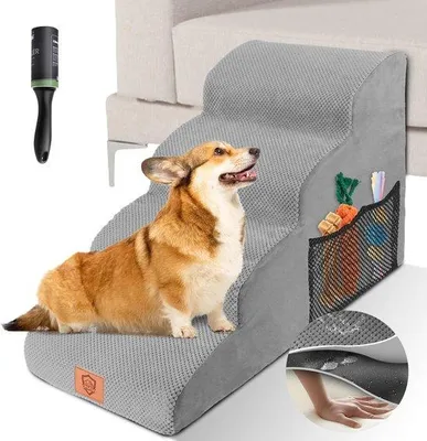 Produktbild von Famanu Hundetreppe 50 cm hoch - Antirutsch und waschbare Haustiertreppe mit 4 Stufen für Katzen und Hunde