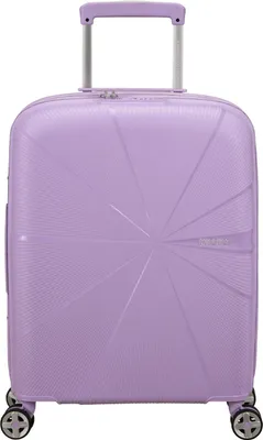 A light purple American Tourister trolley suitcase is shown from the front on a white background.