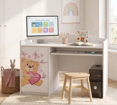 Produktbild von Weißer Kinderschreibtisch mit Schublade und Schrankfach, Schülerschreibtisch für Jungen & Mädchen, PC-Tisch Lerntisch mit Motiv, KI-generiertes Bild