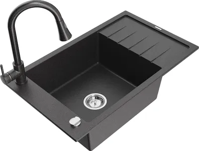Produktbild von Mexen Elias 1 Becken-Granitspüle mit Abtropffläche und Mischbatterie Elia, Schwarz gesprenkelt - 6511-76-670101-70-B