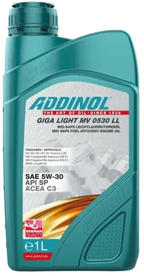 A bottle of ADDINOL GIGA LIGHT MV 0530 LL engine oil.