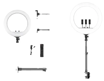 Zdjęcie produktu dla Lampa pierścieniowa, regulowana jasność, obrót o 360°, statyw