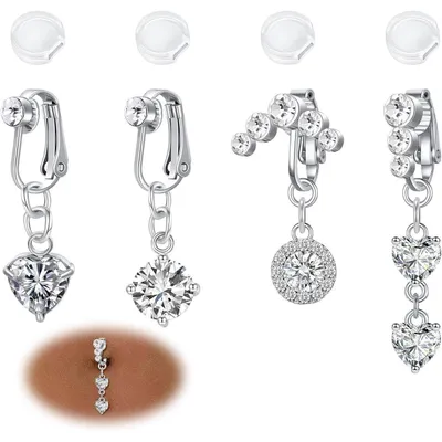 Productafbeelding van Valse buikpiercing sieraden, 4 stuks, clip-on, chirurgisch staal, niet-piercing, hangende hart- en vlinderdesigns, zilverkleurig
