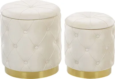 Produktbild von BELIANI Pouf 2er Set Cremeweiß Samtstoff Gesteppt mit Stauraum Goldener Metallring Rund Chesterfield Stil Retro Wohnzimmer Schlafzimmer Flur Modern