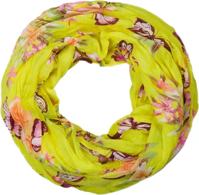 Produktbild von styleBREAKER Damen Loop Schlauchschal mit buntem Schmetterling und Blumen Print , Crash and Crinkle Schal, Tuch 01016013
