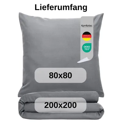 Produktbild von Komfortec Premium Bettwäsche 200x200 cm Bettbezug + 80x80 cm 2 Kissenbezüge, gebürstet 100% Polyester-Mikrofaser 120 g/m², 3teiliges Superweiches Bettwäsche-Set, Grau