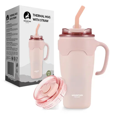 Produktbild von Mountain Goat Thermobecher, 650 ml, aus Edelstahl, mit Strohhalm und Griff