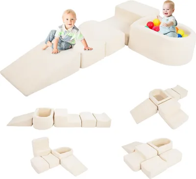 Zdjęcie produktu dla COSTWAY 5 szt. Klocki piankowe, ogromne klocki z basenem z piłeczkami, duże klocki, bloki do wspinania się, miękkie klocki XXL, bez piłeczek (beżowe, z tkaniny typu corduroy)